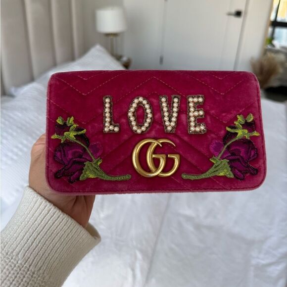 Gucci Marmont Pink Velvet Crossbody bag LOVE Floral Embroidered Limited Edition - Picture 4 of 10